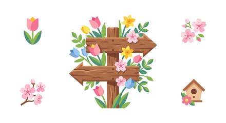 Wooden Garden Direction Sign with Spring Flowers and Birdhouse Vector Set © Sumbal