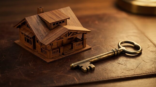 A Detailed Miniature Wooden House Model And A Classic Brass Key Resting Purposefully On A Large Architectural Blueprint
