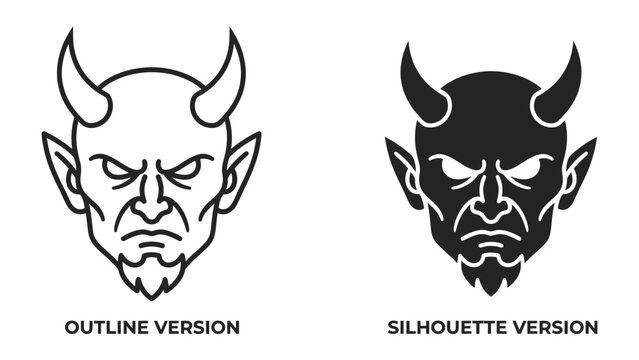 Devil Icon Duo: A graphic representation of a devil's head, presented in both outline and silhouette versions, featuring horns and an intense expression.