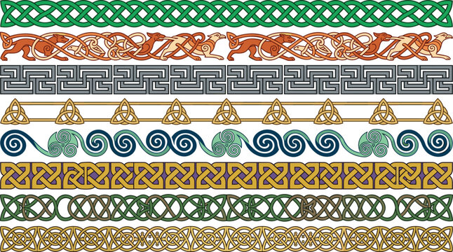 Celtic Knot Border Collection with Traditional Irish Ornaments, Viking Interlace Patterns, Animal Weave, and Decorative Seamless Vector Design Elements