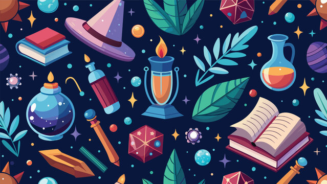 Seamless pattern featuring magical witchcraft and alchemy elements witchcraft seamless mystical background illustration esoteric enchanted wizardry wallpaper colorful mysterious elements
