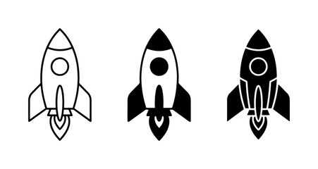 Rocket Ship Icons: Outline, Solid Black, and Silhouette Vector Graphics for Space Exploration and Launch Concepts © Afrin