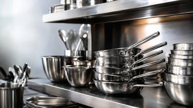 Professional stainless steel kitchenware on shelves in a commercial restaurant setting, ready for use
