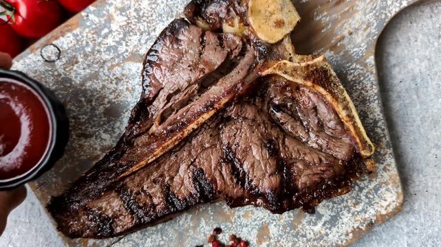 T-bone steak, beef meat grilled until done rare with salt and spices. T-bone steak