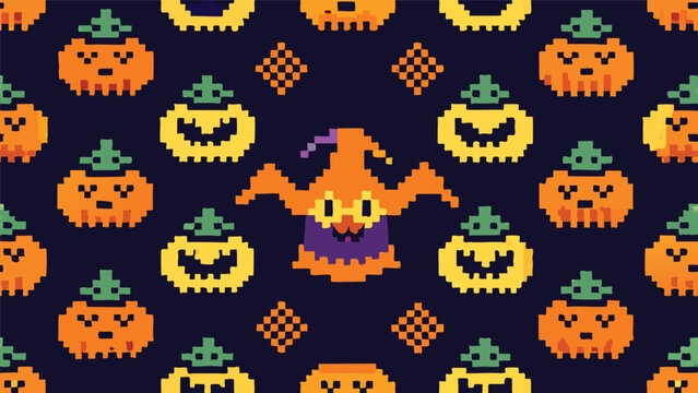 Pixel art halloween pattern of pumpkins and ghost with halloween seamless videogame background nostalgia wallpaper decoration illustration wrapping stationery abstract creative celebration