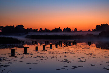 Naklejka premium Misty lake at sunrise with old wooden pier posts, calm reflections, silhouetted trees, and a colorful dawn sky.