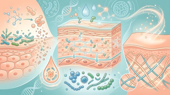 Cross section of human skin showing microbiome and cellular layers