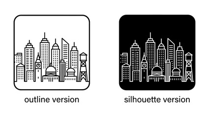 Cityscape Icon Set: Two contrasting icons represent a modern cityscape, one as a clean outline and the other as a striking silhouette, perfect for design projects. © sifu