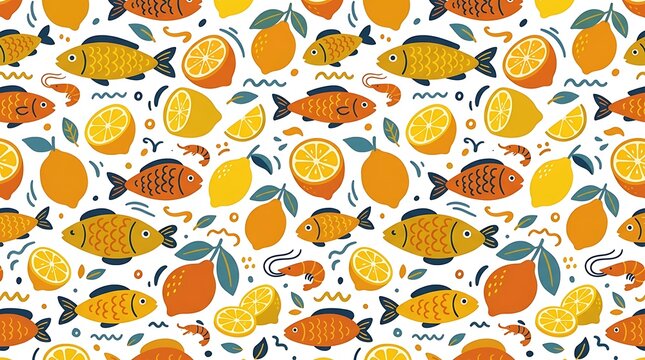 Whimsical seafood pattern featuring orange fish and yellow lemons