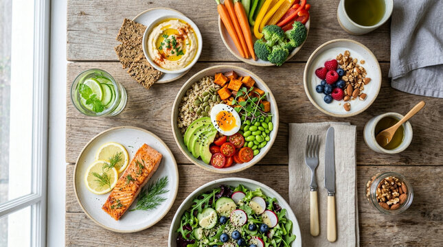 Healthy Food Platter: Salmon, Salad, Buddha Bowl, Hummus, Veggies, Yogurt