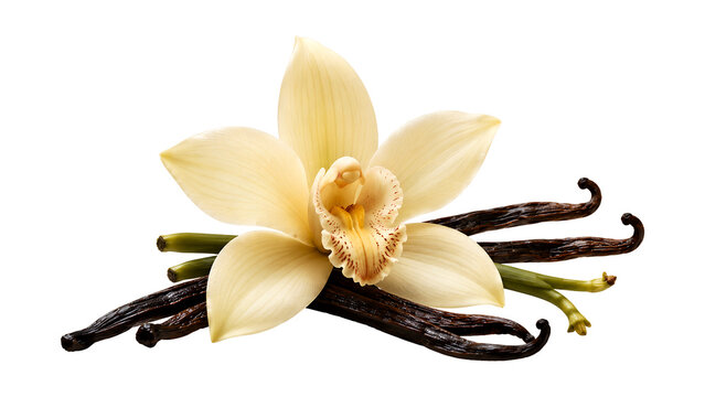 Vanilla orchid flower with vanilla beans isolated on transparent background