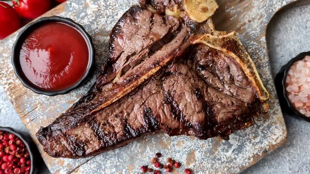 T-bone steak, beef meat grilled until done rare with salt and spices. T-bone steak