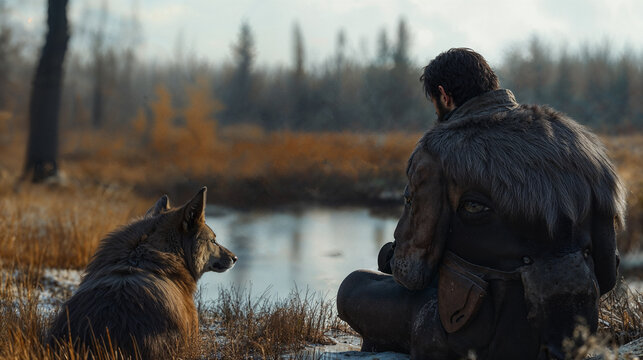 Man and Wolf in Tranquil Wilderness by a Lake in Autumn