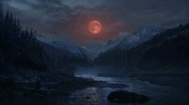 Majestic red moon over tranquil mountain landscape and river