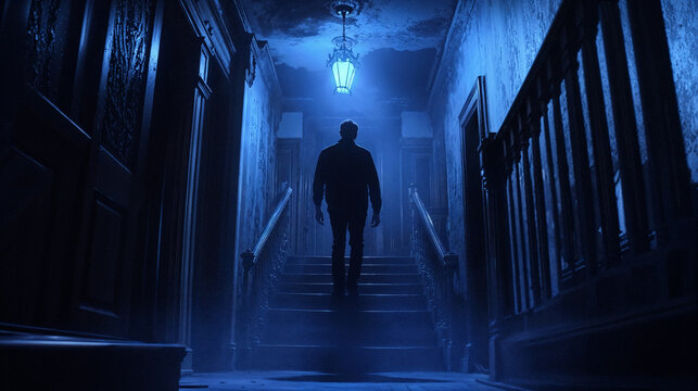 Mysterious Man Standing in a Shadowy Stairway with Blue Light