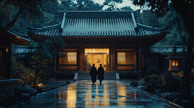 Peaceful evening at illuminated traditional temple