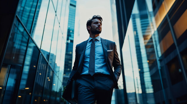 Confident businessman walking in modern urban setting