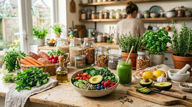 Healthy food preparation: fresh vegetables, smoothie, salad in a bright kitchen.