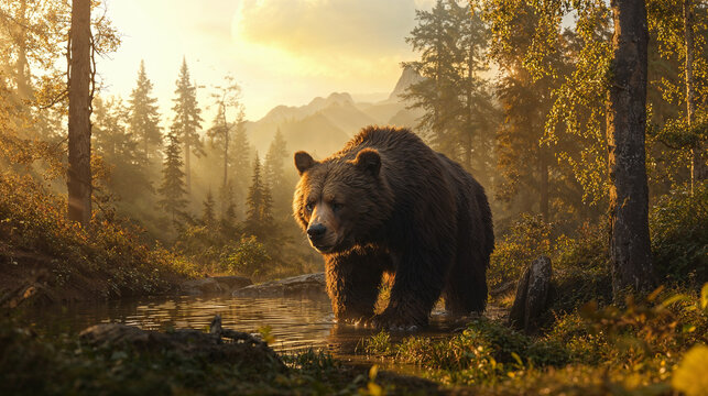 Majestic Brown Bear in Serene Sunlit Forest Scenery