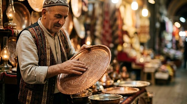 Elderly artisan inspecting a handcrafted copper plate in a bazaar