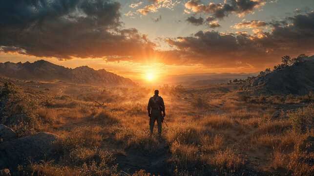 Solitary man contemplating a stunning mountain sunset