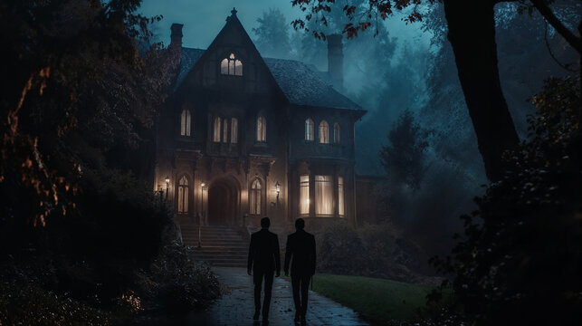 Eerie night ambiance at a gothic mansion entrance