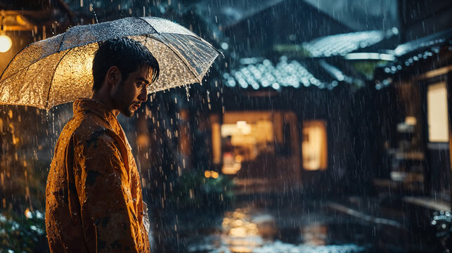Young man with umbrella standing in rainy Asian street