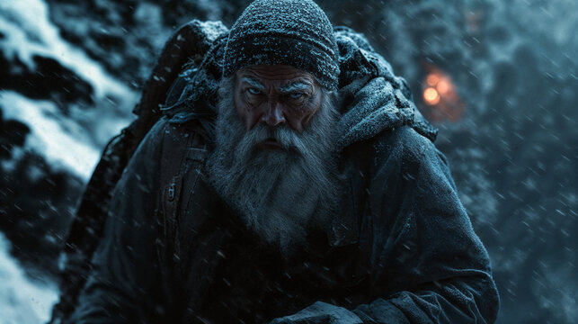 Rugged explorer braving a snowy night in mountainous terrain