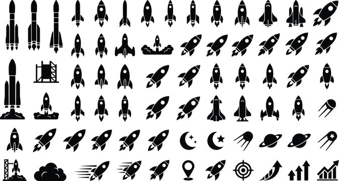 Rocket Ship Silhouette Icon Set with Space Shuttle Launcher Celestial Planets and Business Growth Arrow Symbols for Web App and Startup Interface Designs