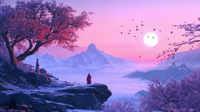 Dreamlike Landscape with Cherry Blossoms and Misty Mountains