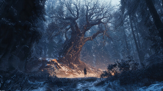 Mysterious Winter Forest Scene with Ancient Tree