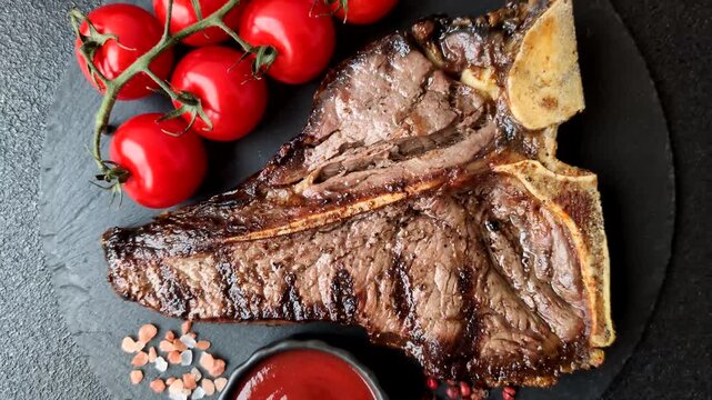 T-bone steak, beef meat grilled until done rare with salt and spices. T-bone steak