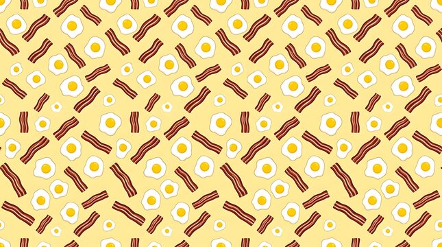 Fried eggs and bacon strips seamless pattern on yellow background
