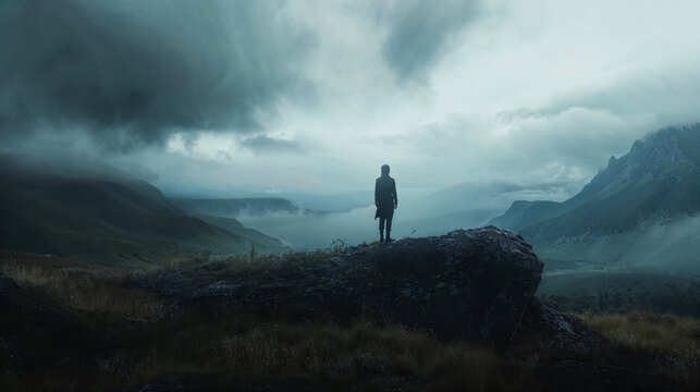 Solitary Figure Standing on a Misty Mountain Overlook