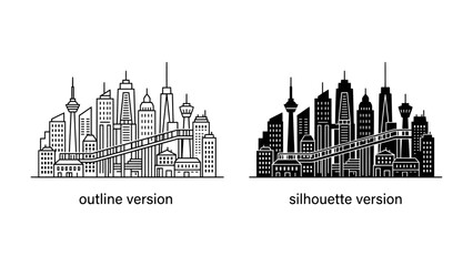 Obraz premium Urban Skyline Duo: A detailed illustration showcasing a modern city skyline in both outline and silhouette versions, featuring skyscrapers, towers, and connecting bridges.