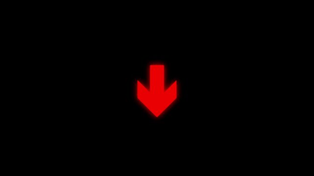 Animated arrow pointing down on black background. Abstract glowing down arrow icon 4k video animation