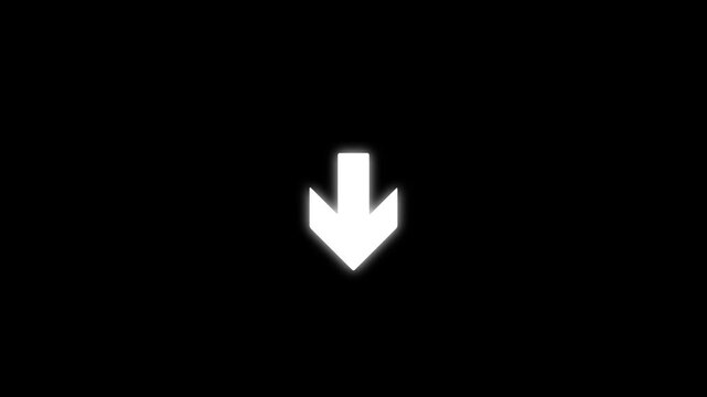 Animated arrow pointing down on black background. Abstract glowing down arrow icon 4k video animation