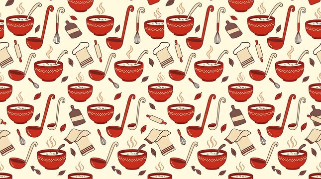 Seamless pattern with soup bowls and kitchen utensils