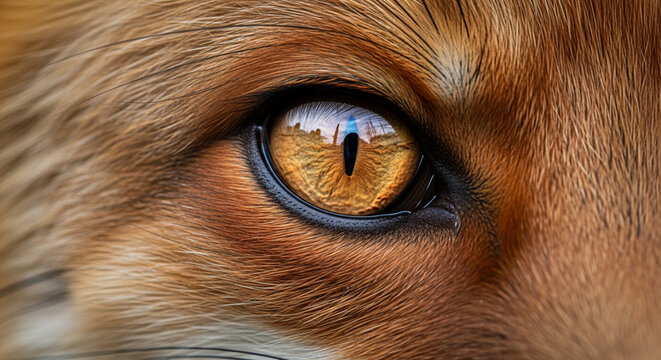 Close-up of a fox eye with reflection, sharp detail, animal portrait