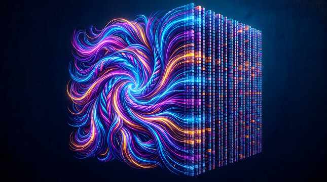 Abstract digital cube structure with rotating data streams structure rotating