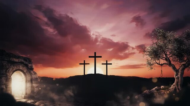 Three Crosses on Hill at Dramatic Sunset Seamless Loop