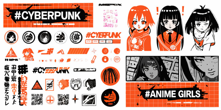 Cyberpunk Anime Character Collection Vector Illustration With Japanese Text