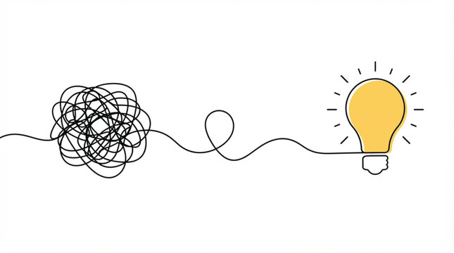 Continuous single line art untangling scribble to light bulb vector illustration for problem solving concept on white background