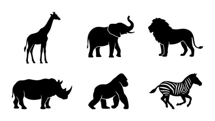 African Wildlife Silhouettes: Giraffe, Elephant, Lion, Rhino, Gorilla, Zebra Icons, Vector Set for Safari and Zoo Graphics © Nayem