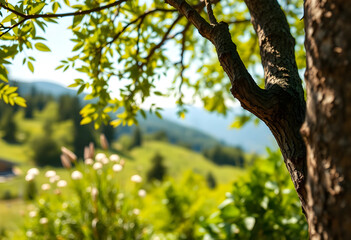 Fototapeta premium Green tree branches and leaves with a blurred mountain landscape background on a sunny day nature and environment, the scene concepts of nature environment and ecological well being