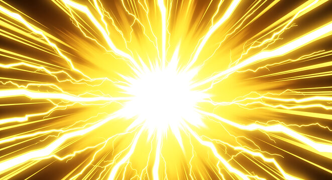 Intense yellow lightning bolts radiate from a central bright white light source in this dynamic illustration