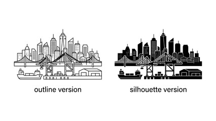 Urban Harbor Skyline: A striking depiction of a bustling port city skyline, showcasing a collection of modern skyscrapers and industrial cranes, with cargo ships docked and ready for transit. © nila