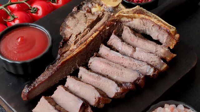 T-bone steak, beef meat grilled until done rare with salt and spices. T-bone steak