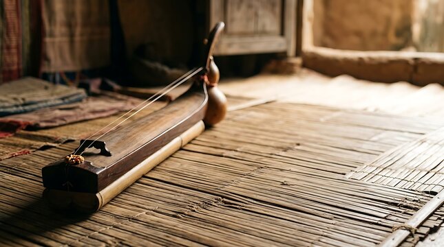 Traditional wooden string instrument on a rustic bamboo floor