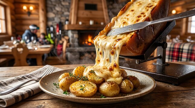 Melted raclette cheese scraped onto roasted potatoes in a rustic cabin